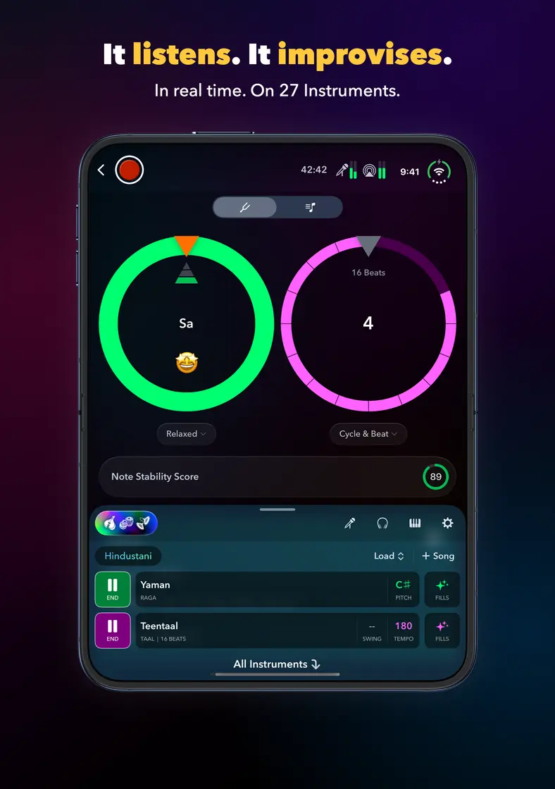 It listens. It improvises. In real time. On 27 Instruments. The Orchestra on iPhone Duo: the tuner on Sa and a 16-beat Teentaal cycle, playing raga Yaman.
