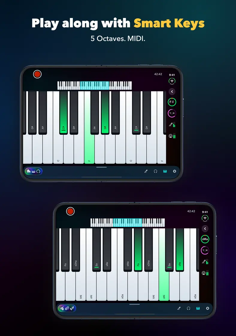 Play along with Smart Keys. 5 Octaves. MIDI. The on-screen keyboard on iPhone Duo, labelled in Western notes and in sargam.