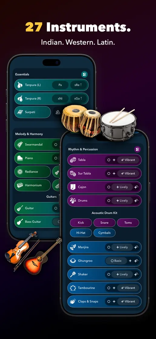 27 Instruments. Indian. Western. Latin. The instrument panels, from tanpura and swarmandal to tabla, cajon and drums.